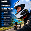 Kit Bluetooth MBI fixé sur un casque moto intégral blanc – Restez connecté sur la route : appels, musique et radio