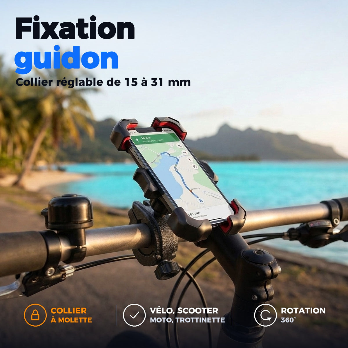 Fixation guidon avec collier réglable sur vélo