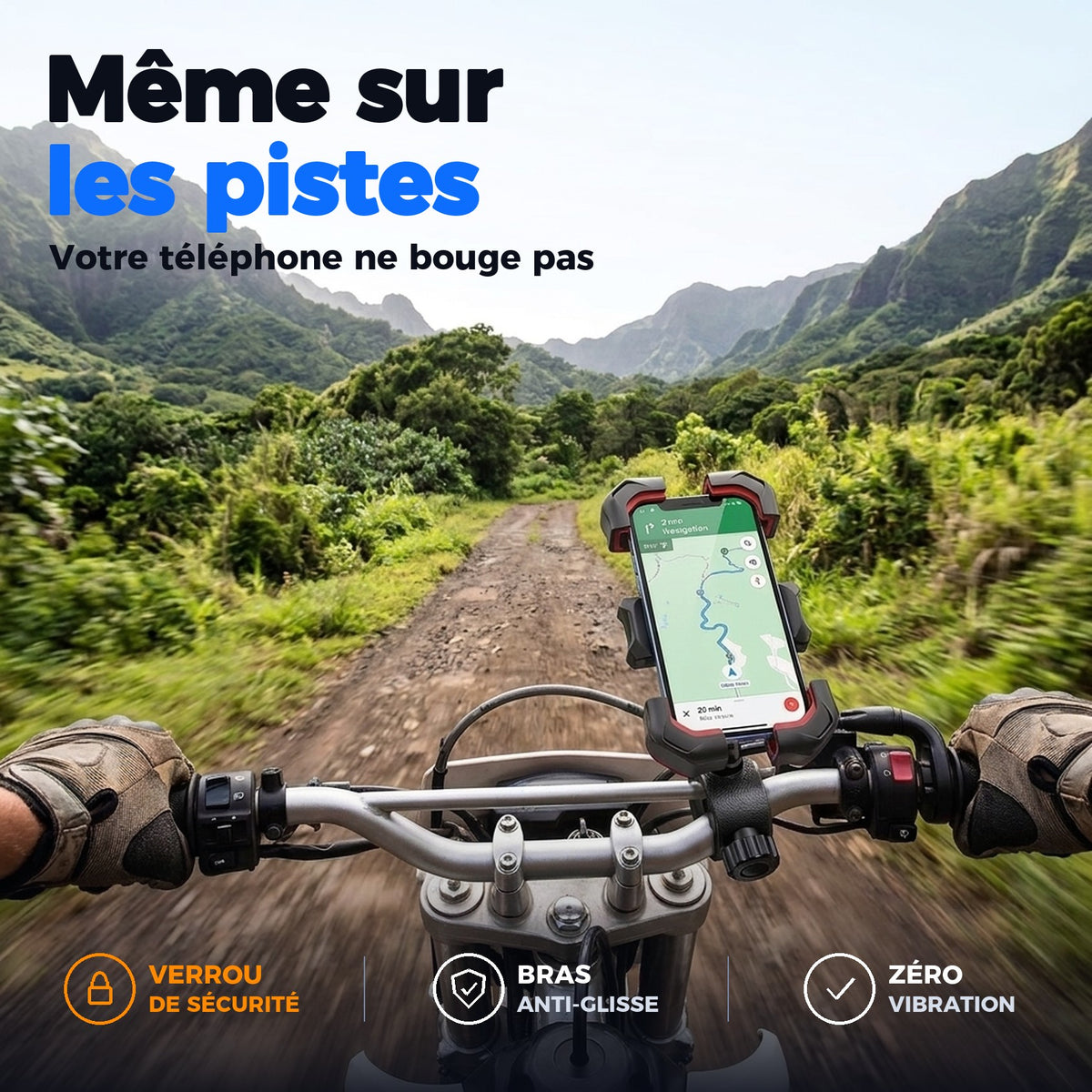 Support téléphone sur moto tout-terrain, même sur les pistes