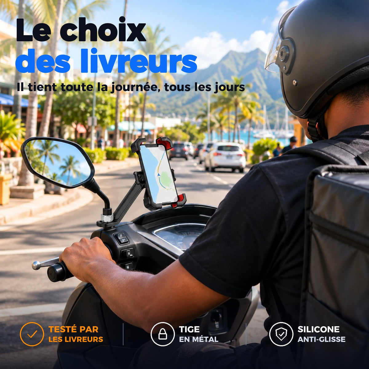 Livreur à scooter avec le support téléphone MBI fixé au rétroviseur
