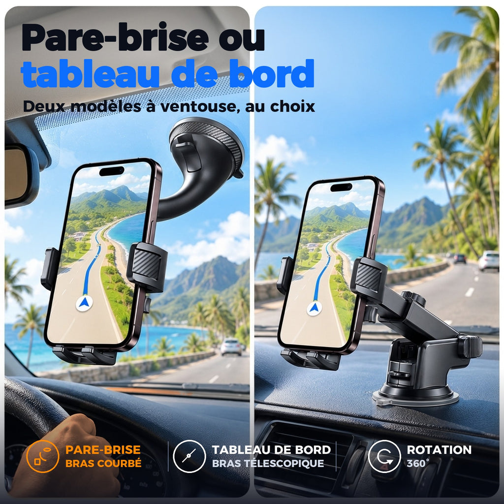 Deux modèles à ventouse : pare-brise ou tableau de bord