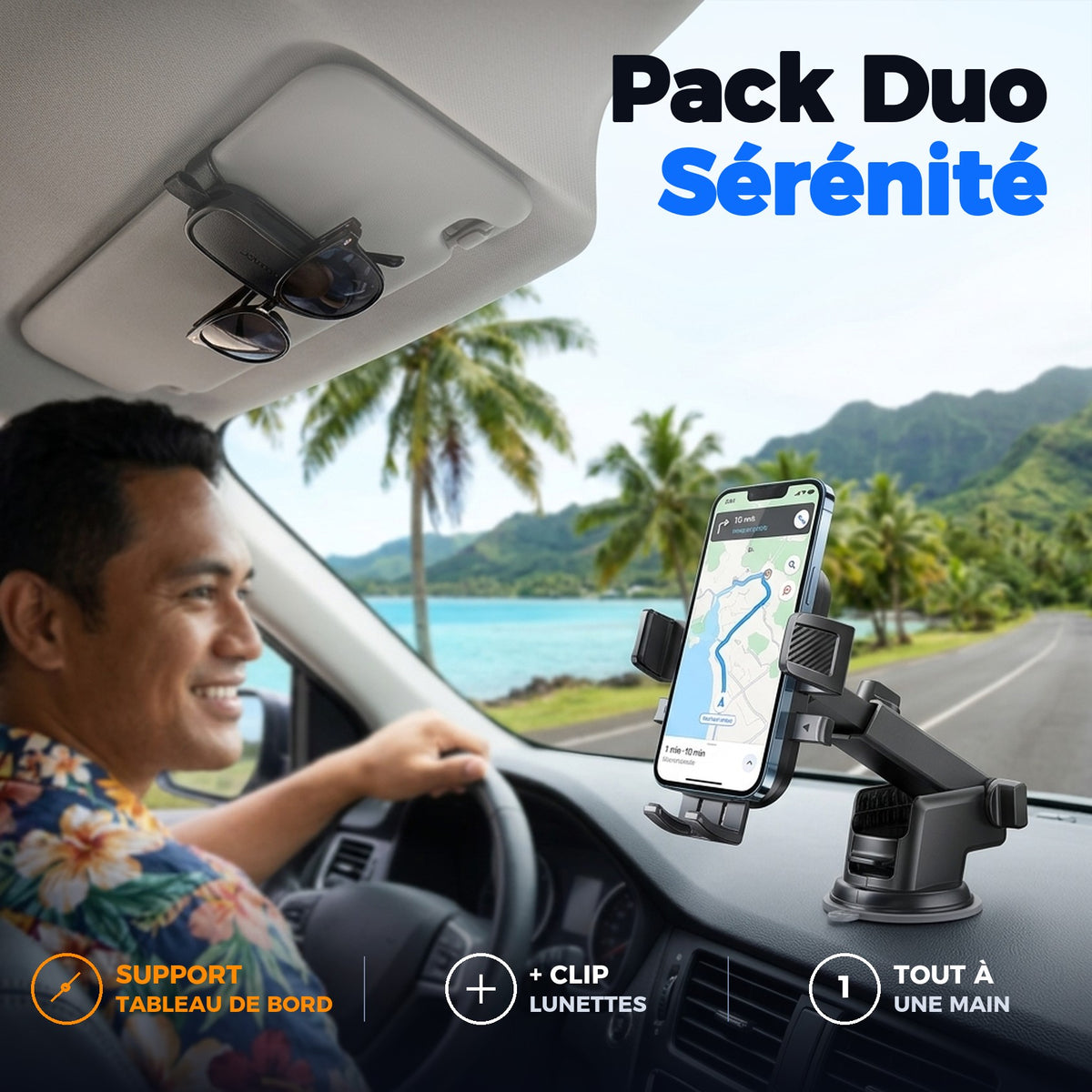 Pack Duo Sérénité support tableau de bord + clip lunettes