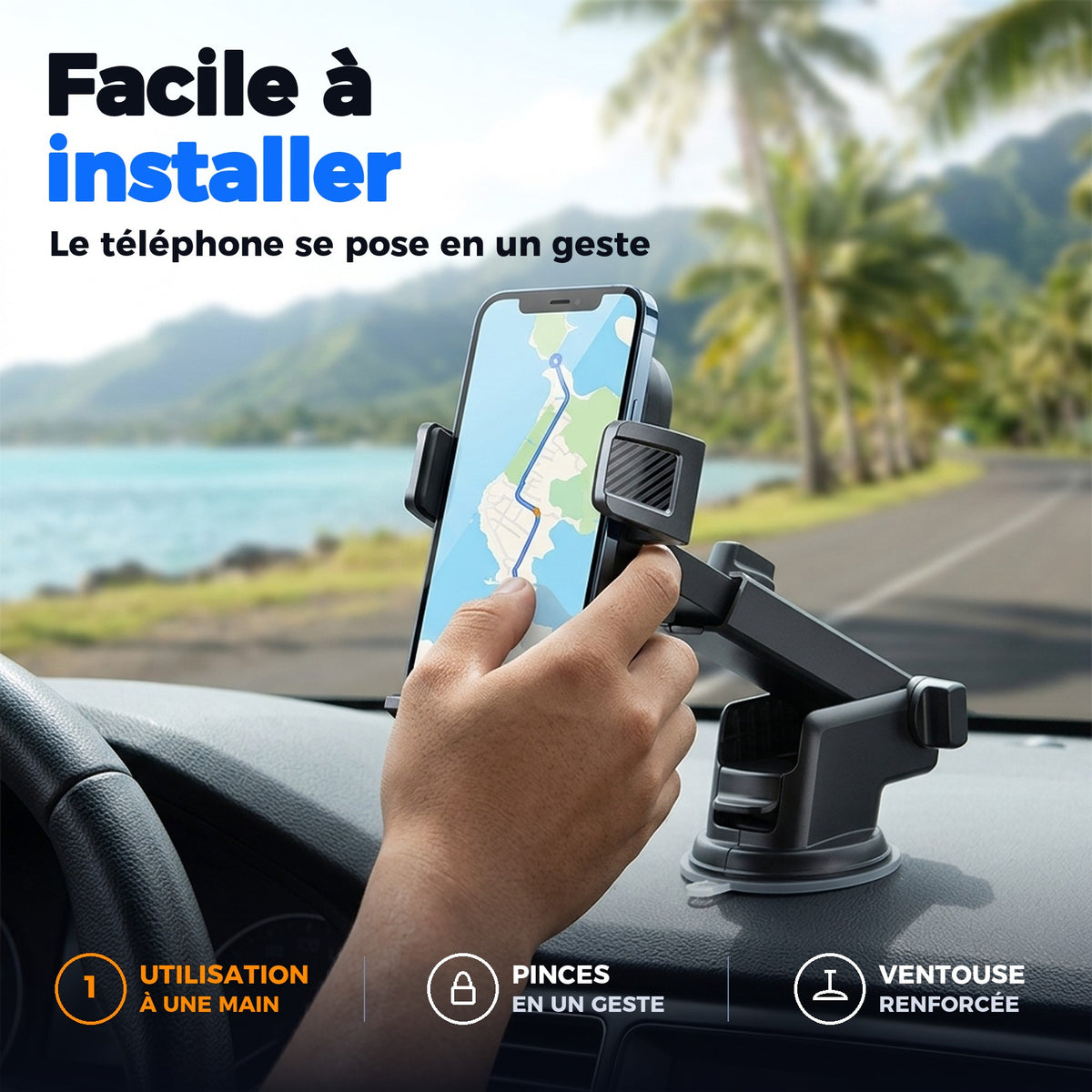 Support téléphone facile à installer à une main