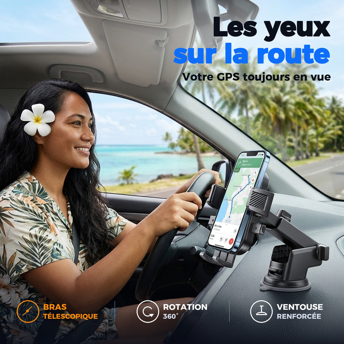 Conductrice polynésienne avec le support téléphone tableau de bord