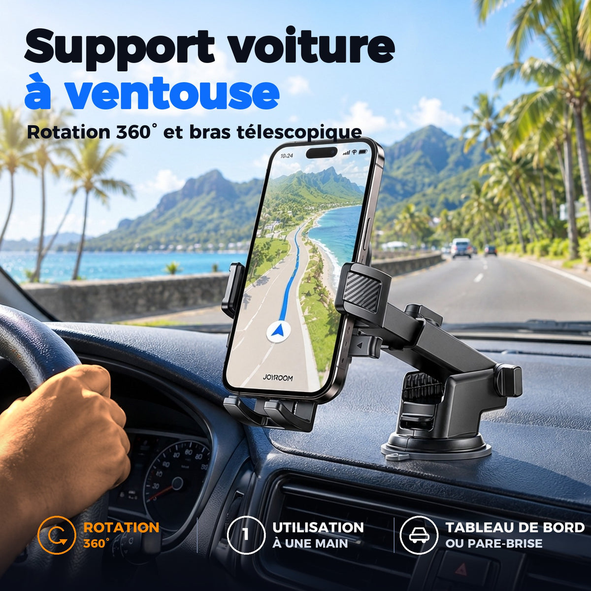 Support téléphone voiture à ventouse sur tableau de bord à Tahiti