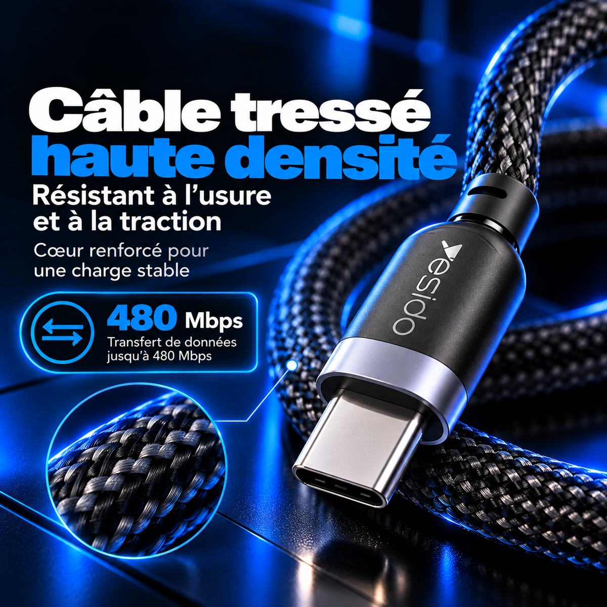 Gros plan sur le câble tressé haute densité : résistant à l'usure et à la traction, transfert de données jusqu'à 480 Mbps