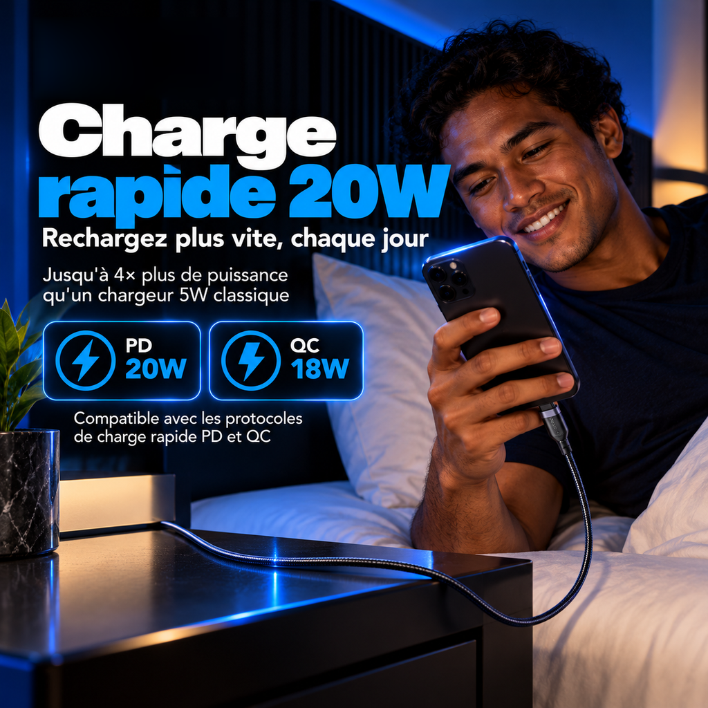 Homme qui recharge son téléphone au lit avec le câble tressé : charge rapide 20W, protocoles PD 20W et QC 18W