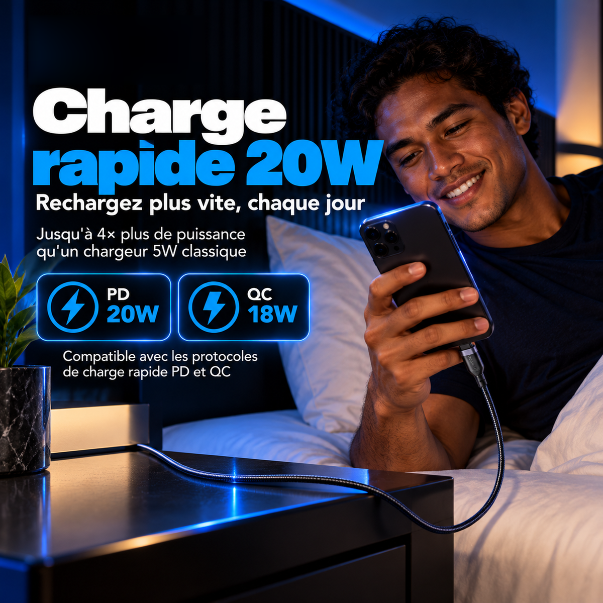 Homme qui recharge son téléphone au lit avec le câble tressé : charge rapide 20W, protocoles PD 20W et QC 18W