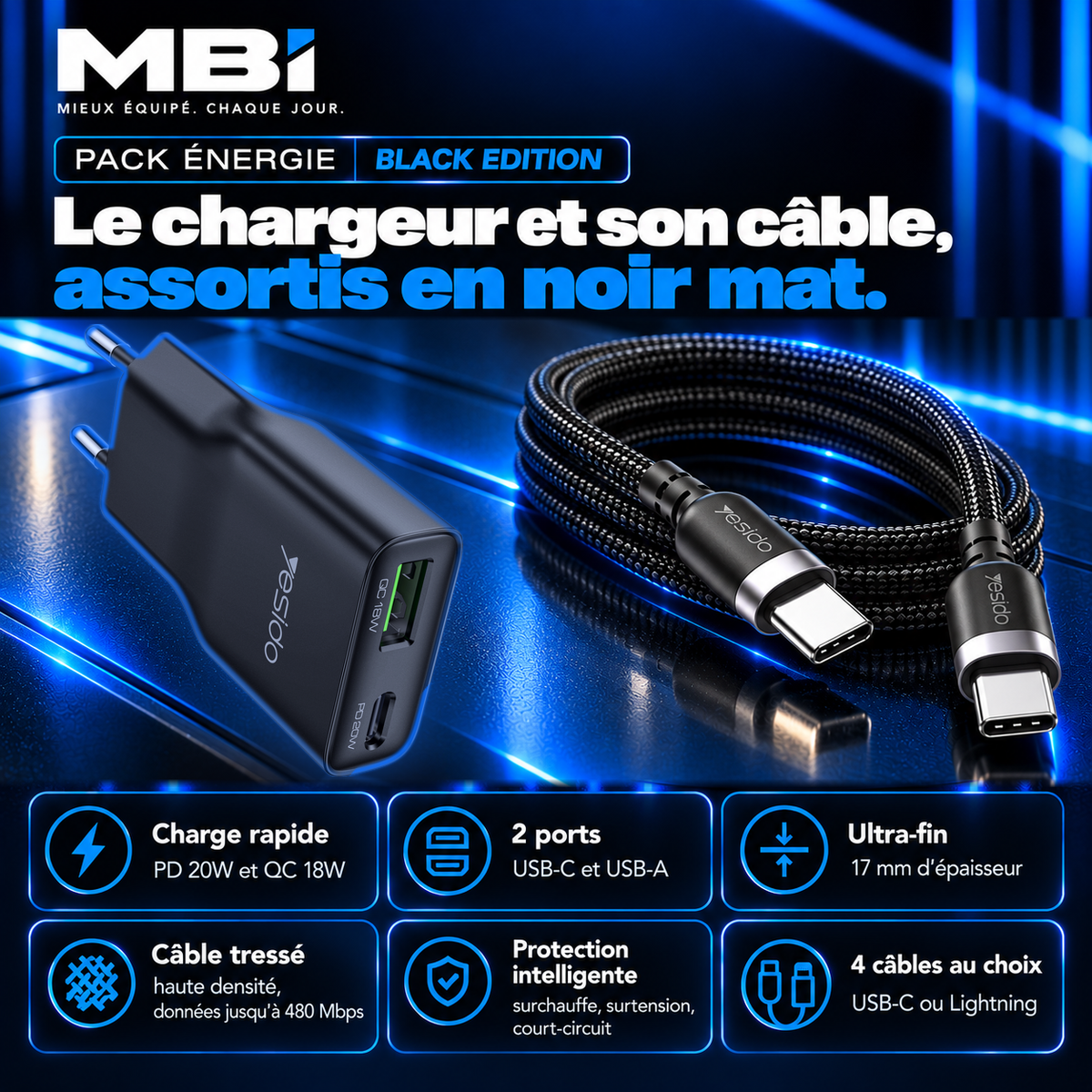 Récapitulatif MBI du Pack Énergie Black Edition : charge rapide PD 20W et QC 18W, 2 ports, 17 mm, câble tressé, protection intelligente