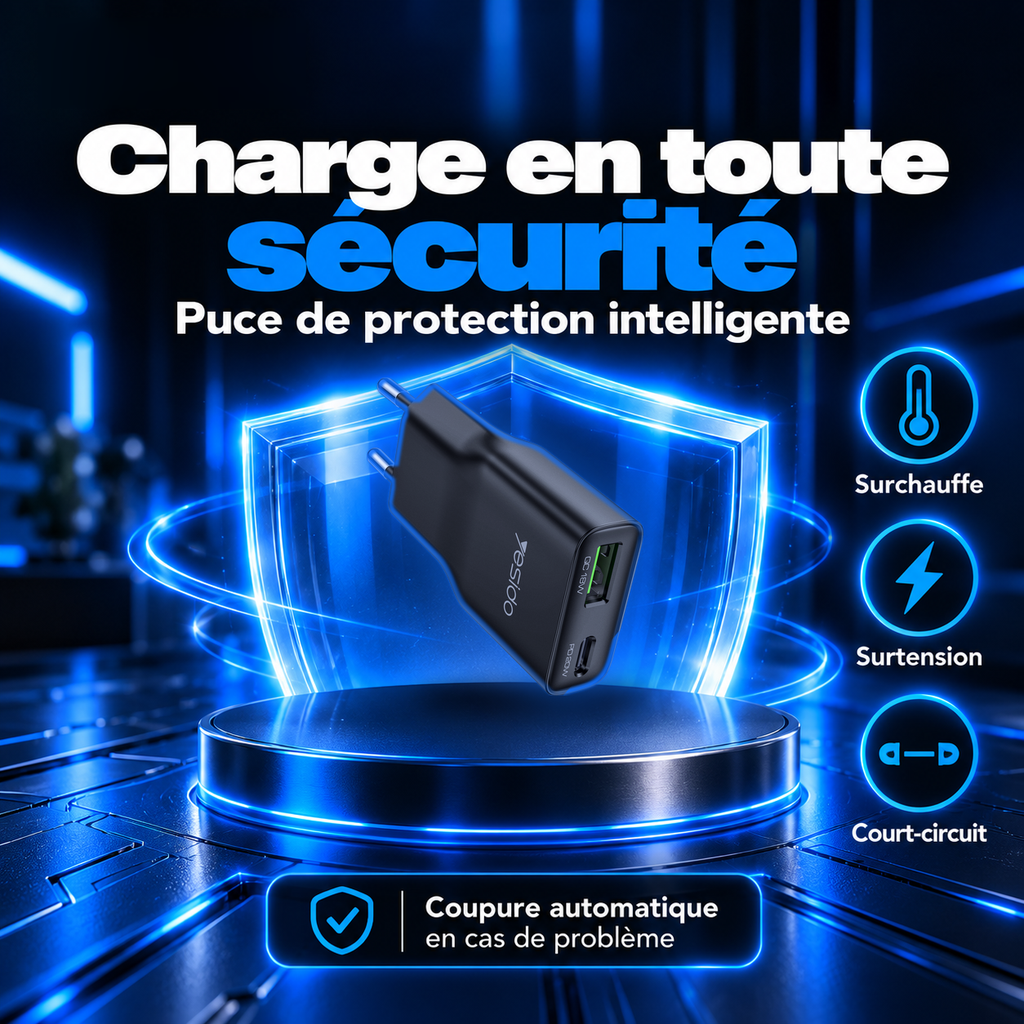 Chargeur 20W avec puce de protection intelligente contre la surchauffe, la surtension et les courts-circuits