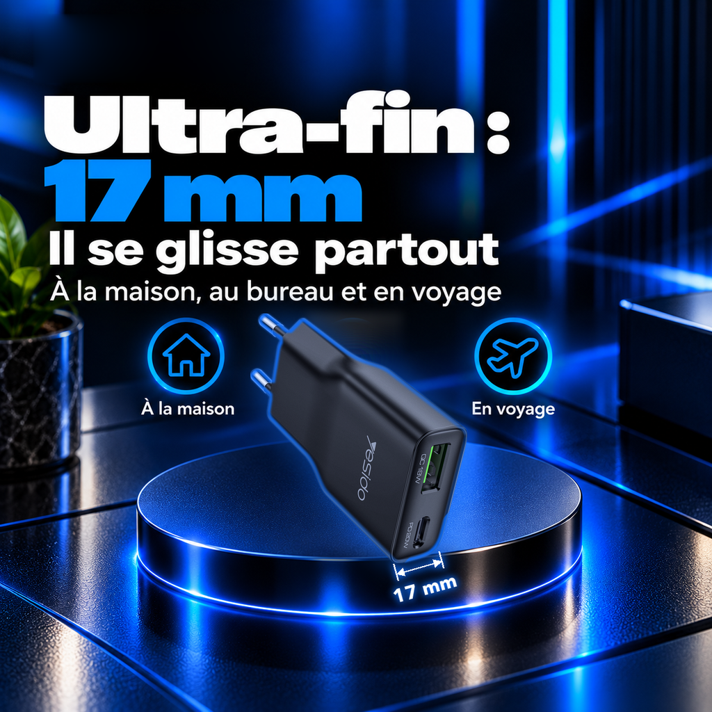 Chargeur ultra-fin de 17 mm d'épaisseur qui se glisse partout : à la maison, au bureau et en voyage