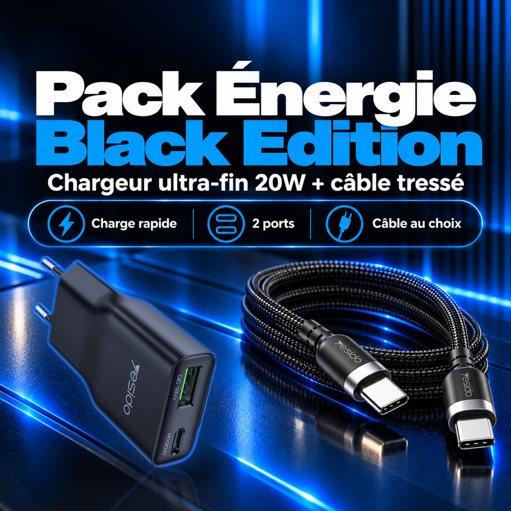 Pack Duo Black Edition : chargeur ultra-fin 20W noir mat et câble tressé, câble au choix pour chaque pack