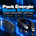 Pack Duo Black Edition : chargeur ultra-fin 20W noir mat et câble tressé, câble au choix pour chaque pack