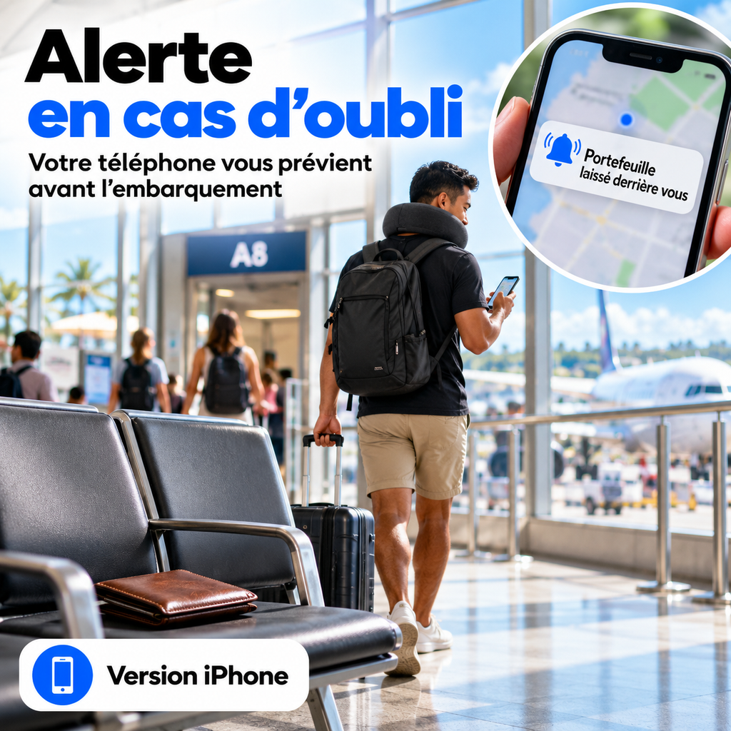 Alerte en cas d'oubli : le téléphone prévient avant l'embarquement quand le portefeuille est resté sur un siège (version iPhone)