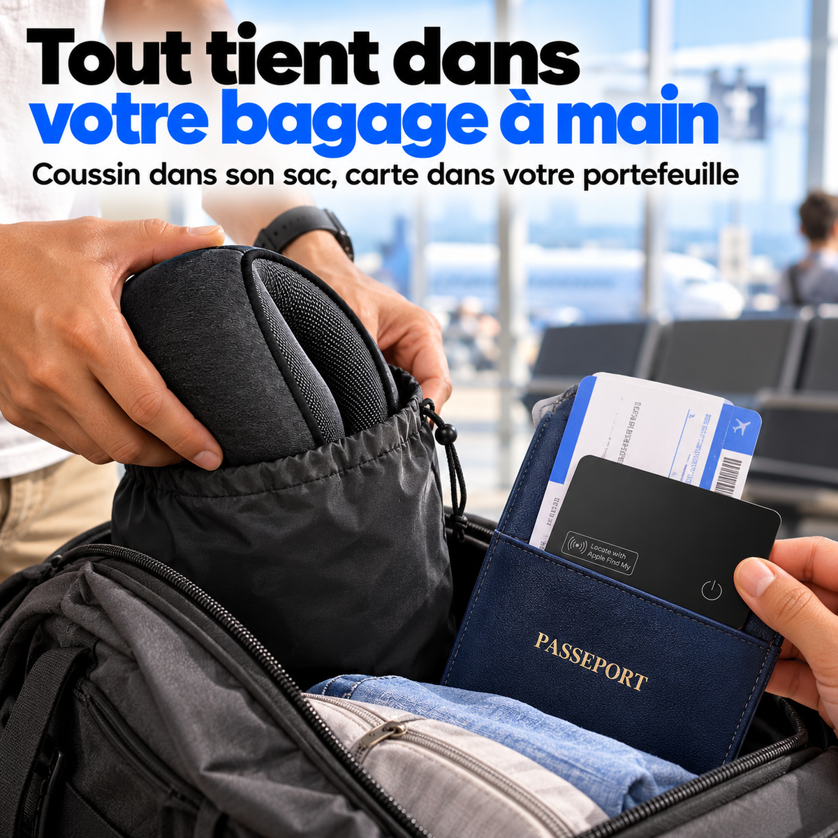 Le coussin se range dans son sac de transport et la carte dans la pochette passeport : tout tient dans le bagage à main