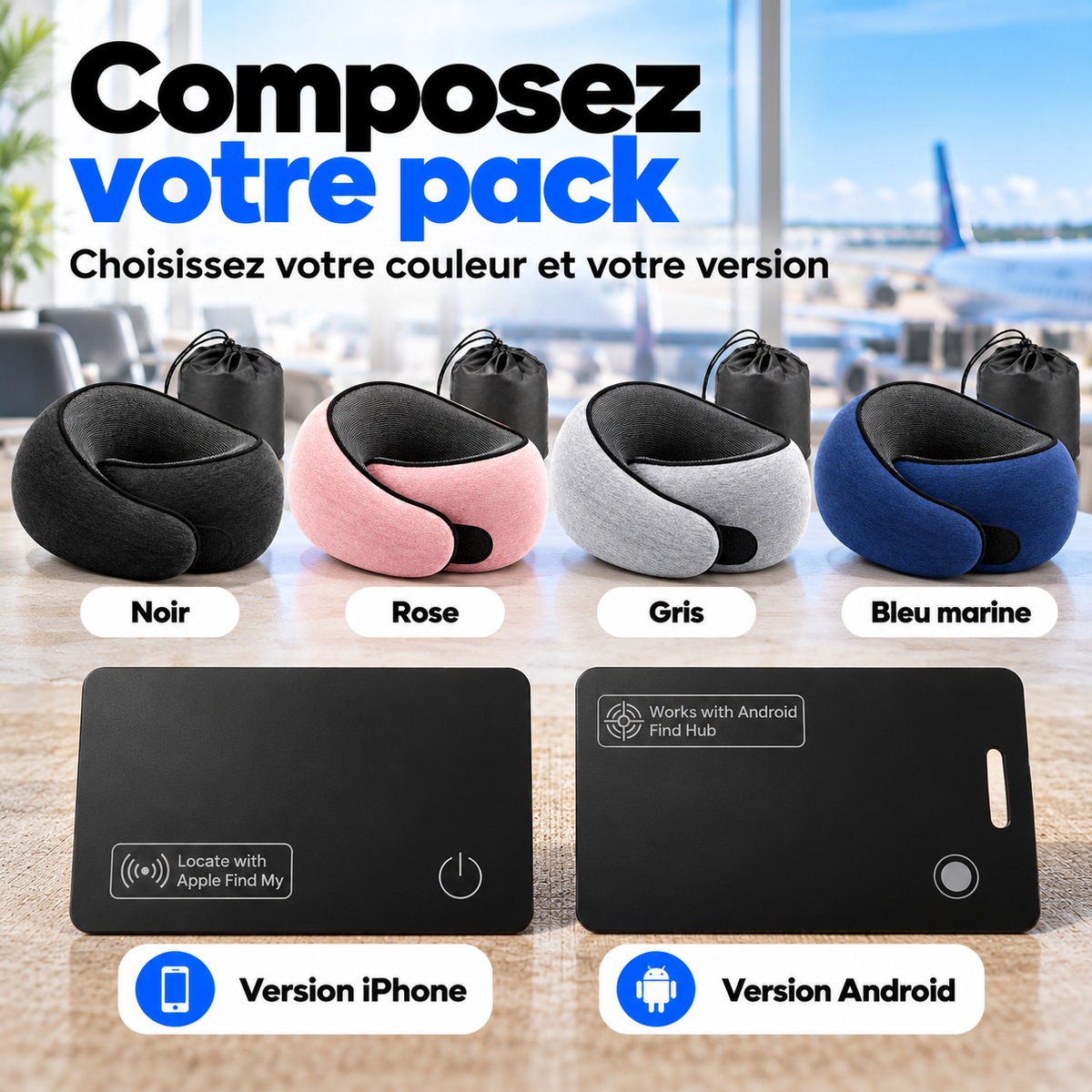 Composez votre pack : coussin noir, rose, gris ou bleu marine, et carte version iPhone ou Android