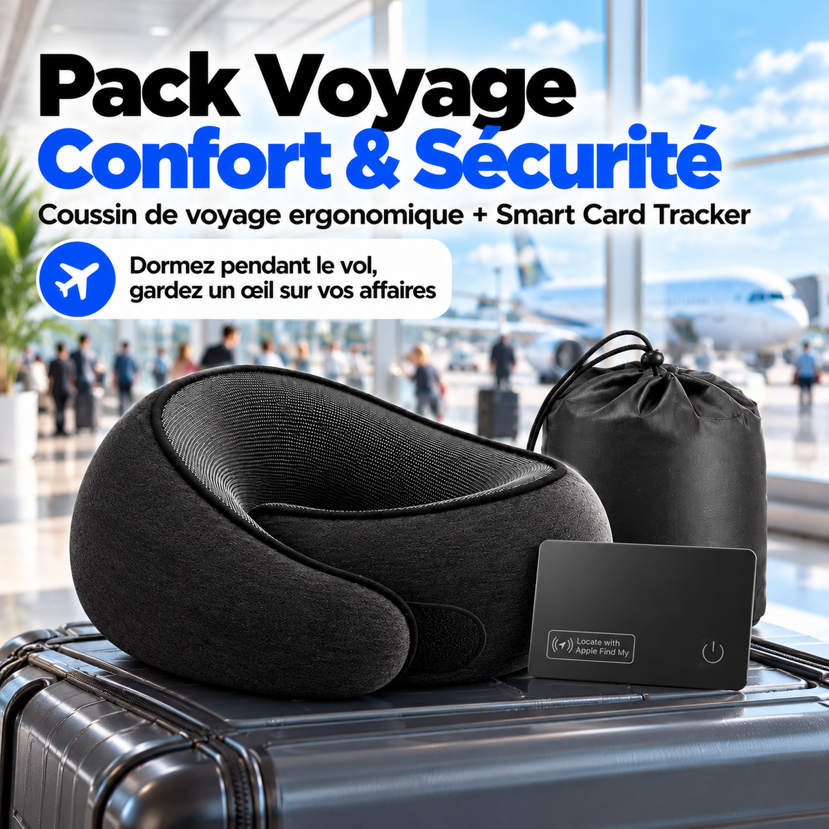Pack Voyage Confort & Sécurité : coussin de voyage ergonomique noir, son sac et la Smart Card Tracker posés sur une valise à l'aéroport