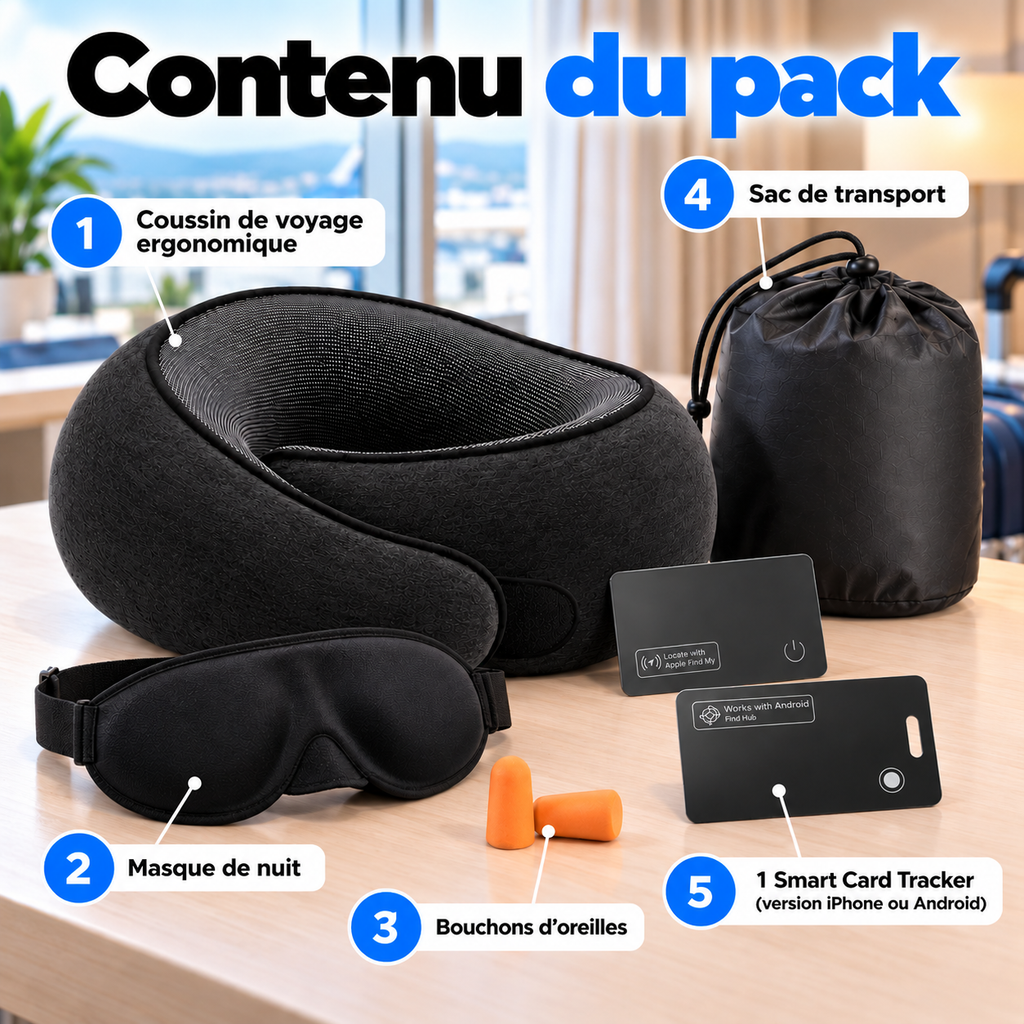 Contenu du pack : coussin de voyage ergonomique, masque de nuit, bouchons d'oreilles, sac de transport et 1 Smart Card Tracker version iPhone ou Android