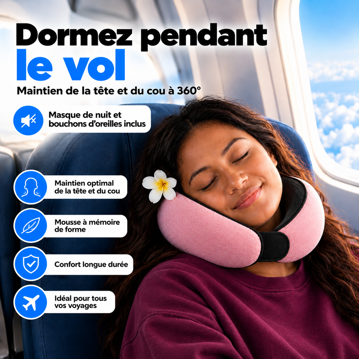 Femme qui dort en avion avec le coussin de voyage rose bien ajusté autour du cou, maintien de la tête et du cou à 360°