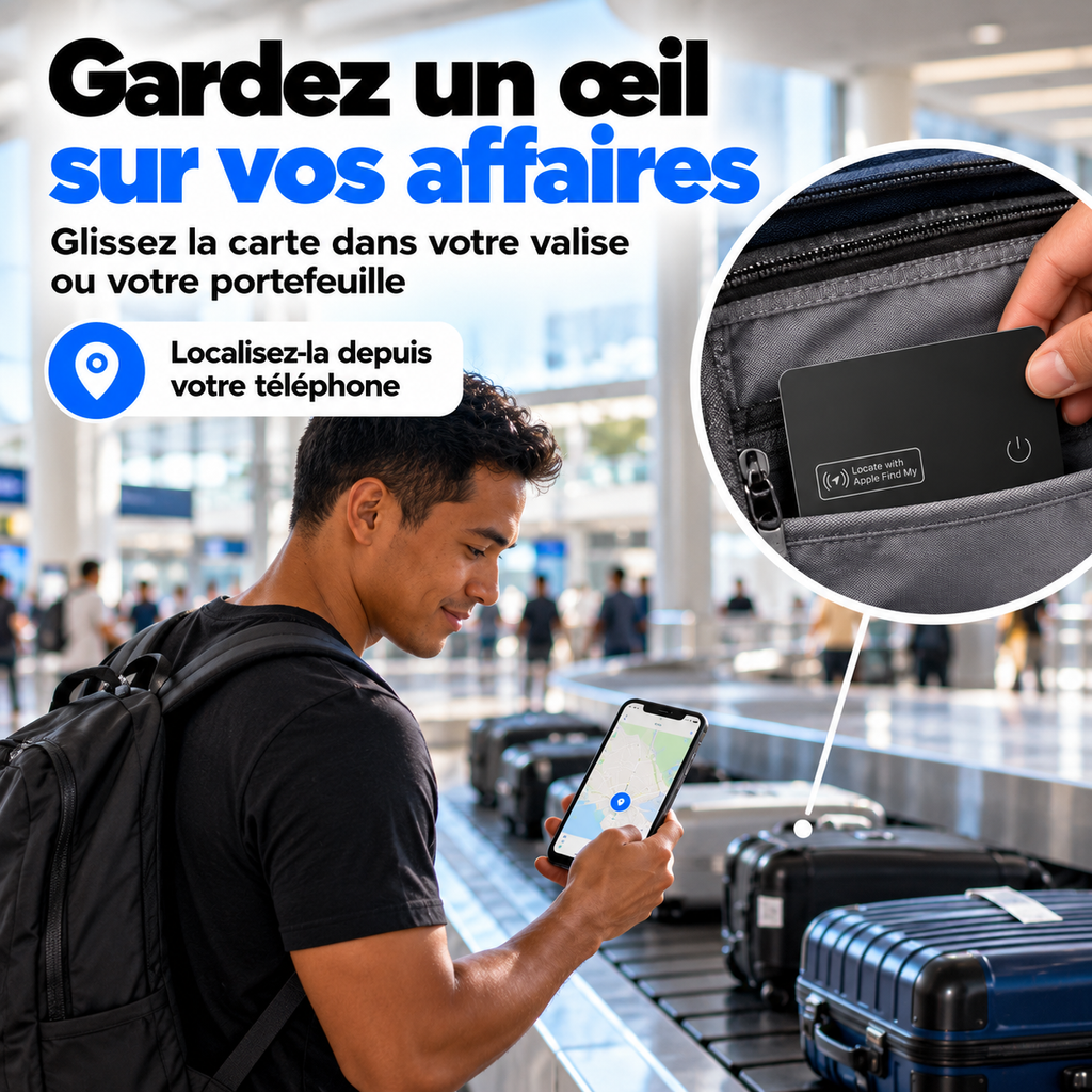 Au tapis à bagages, un voyageur localise sa valise sur son téléphone grâce à la carte glissée dans la poche intérieure