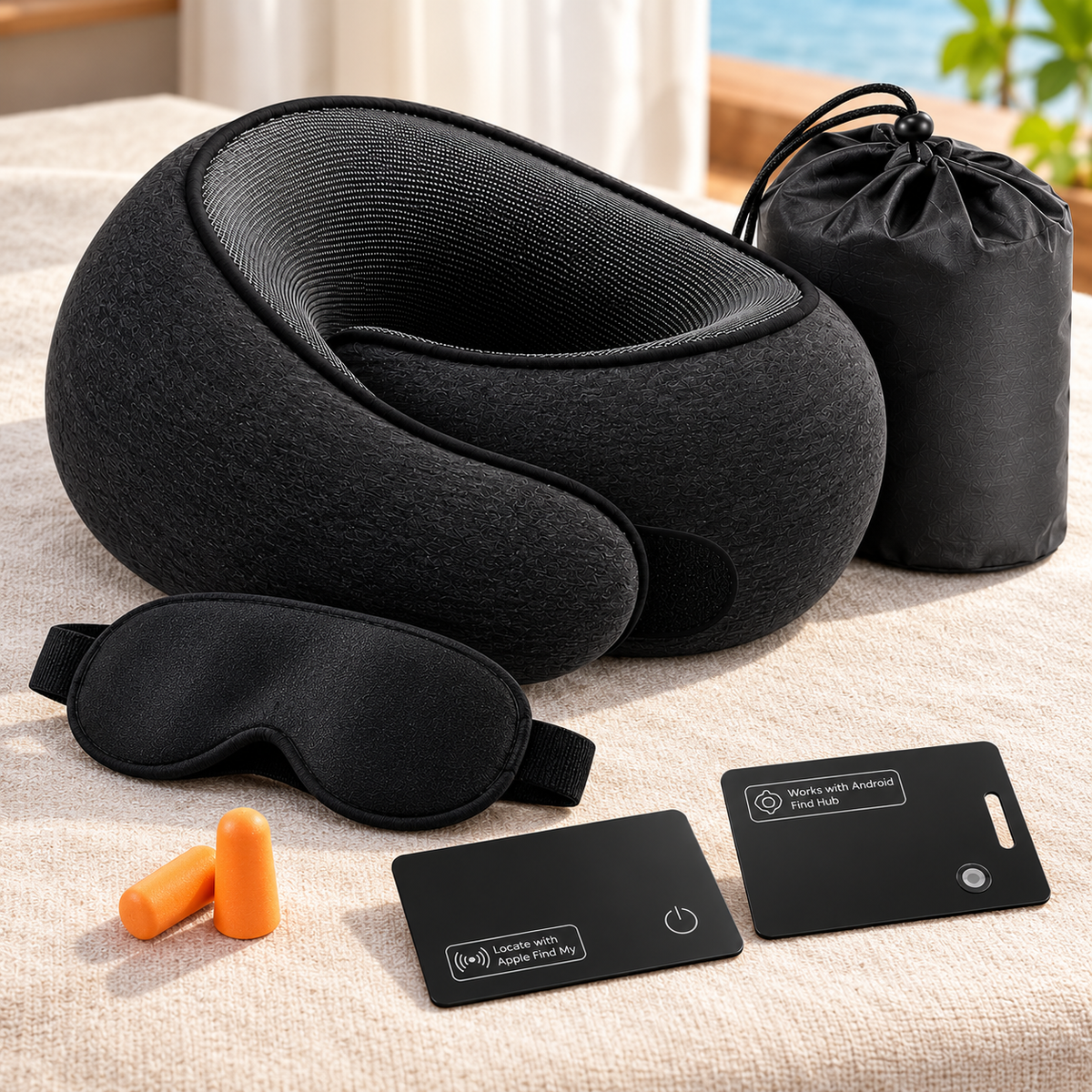 Coussin de voyage noir, sac de transport, masque de nuit, bouchons d'oreilles et cartes de localisation iPhone et Android sur un tissu en lin