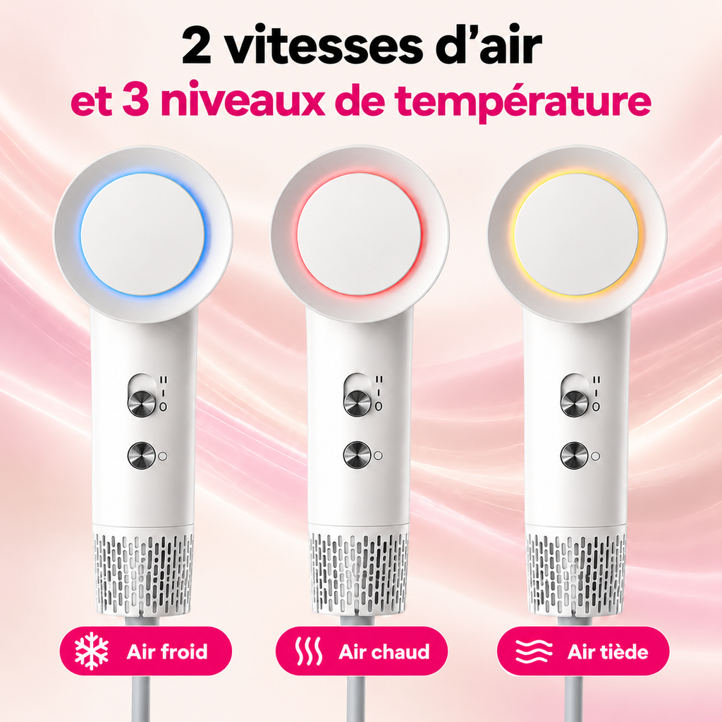 Sèche-cheveux ionique avec 2 vitesses d'air et 3 températures : air froid, chaud et tiède repérés par couleur