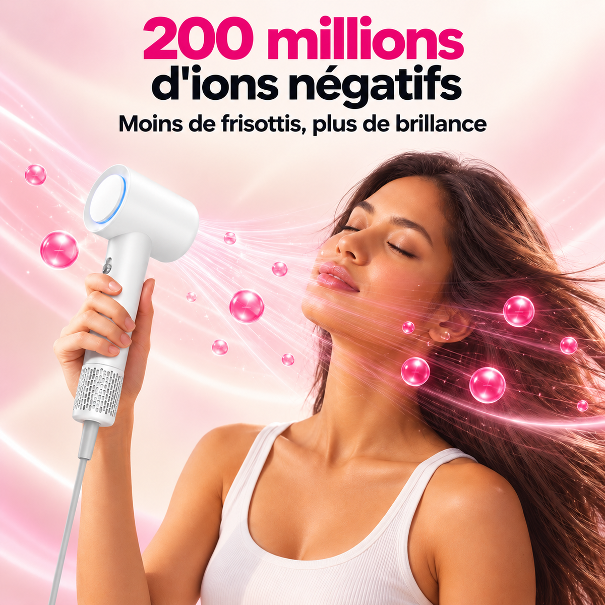 200 millions d'ions négatifs pour moins de frisottis et plus de brillance, femme aux cheveux en mouvement