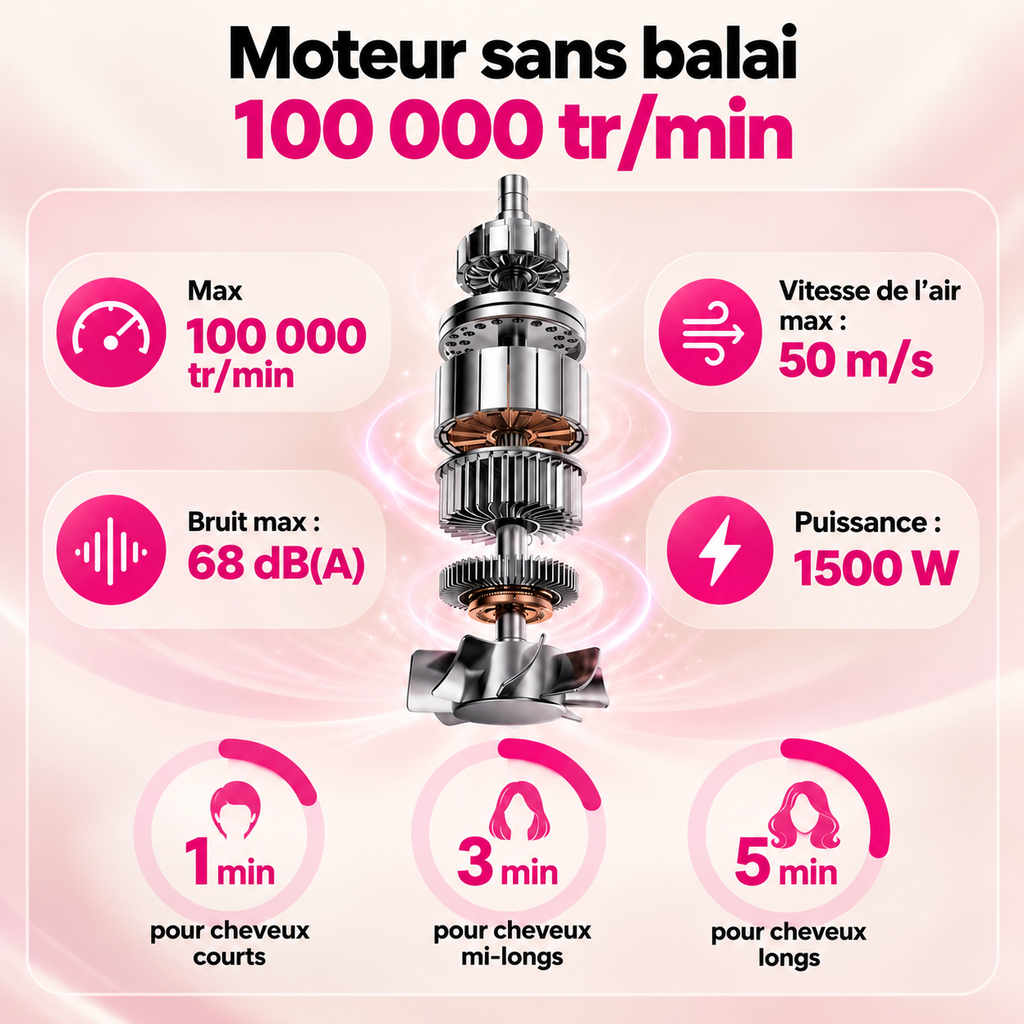 Moteur sans balai du sèche-cheveux : 100 000 tr/min, air à 50 m/s, 68 dB(A) max, 1500 W, séchage en 1 à 5 min