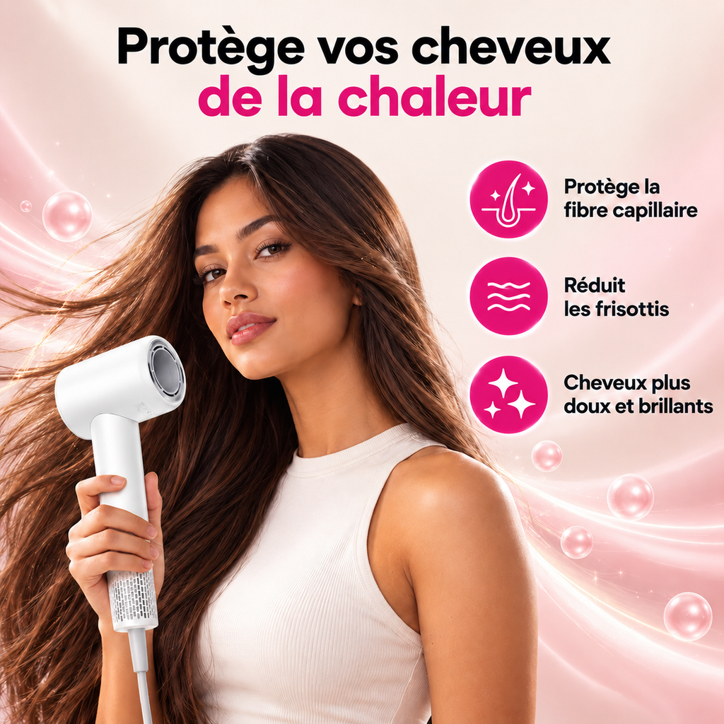 Femme tenant le sèche-cheveux ionique : protège la fibre capillaire, réduit les frisottis, cheveux plus doux et brillants