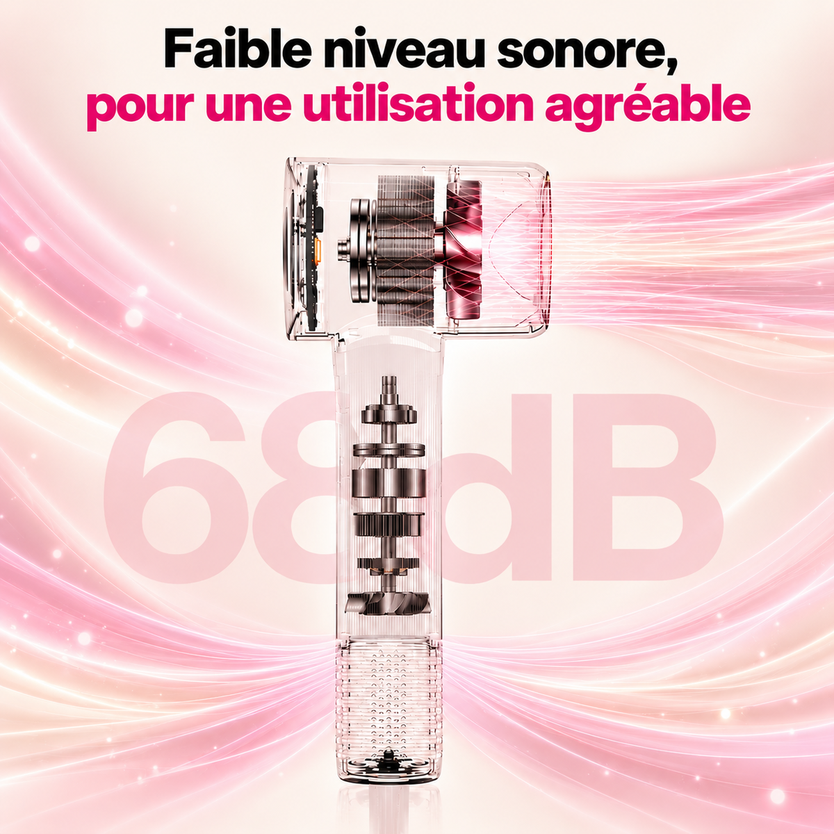 Vue intérieure du sèche-cheveux silencieux : faible niveau sonore de 68 dB