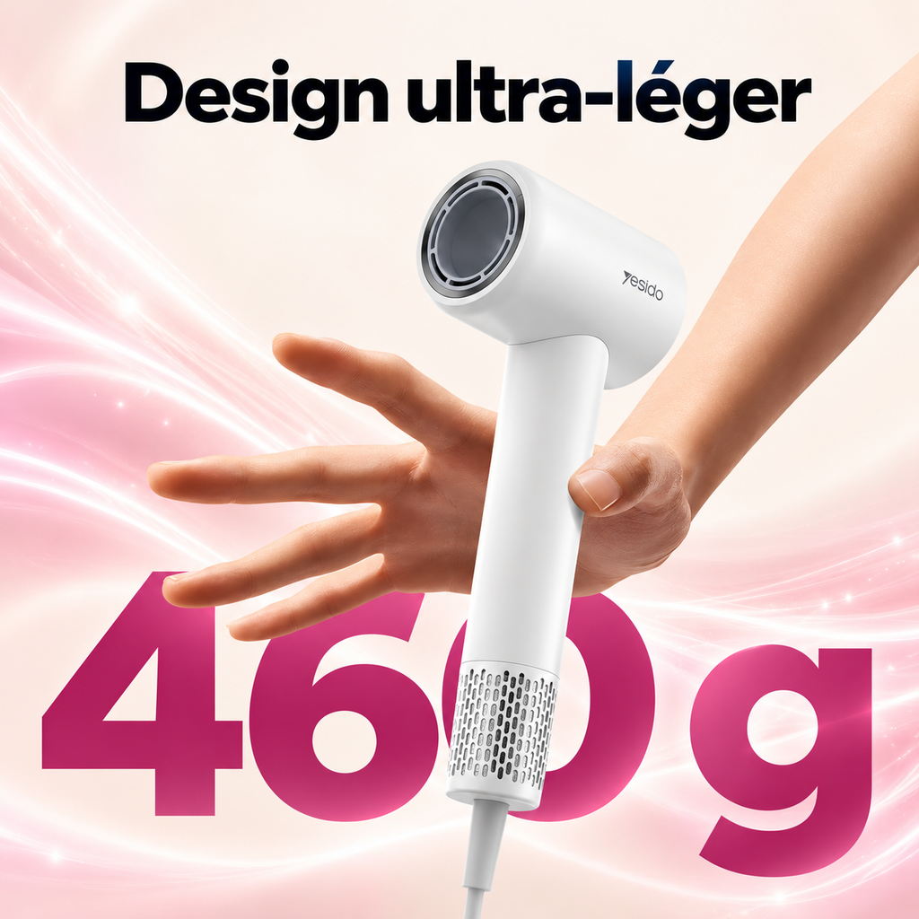 Sèche-cheveux ionique ultra-léger de 460 g tenu du bout des doigts