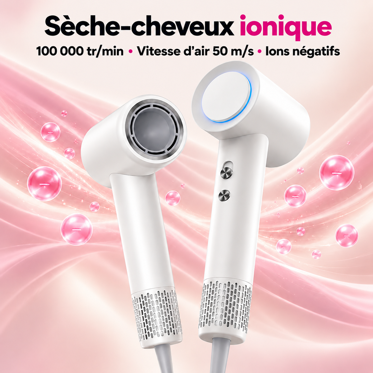 Sèche-cheveux ionique blanc sur fond rose : moteur 100 000 tr/min, air jusqu'à 50 m/s et ions négatifs