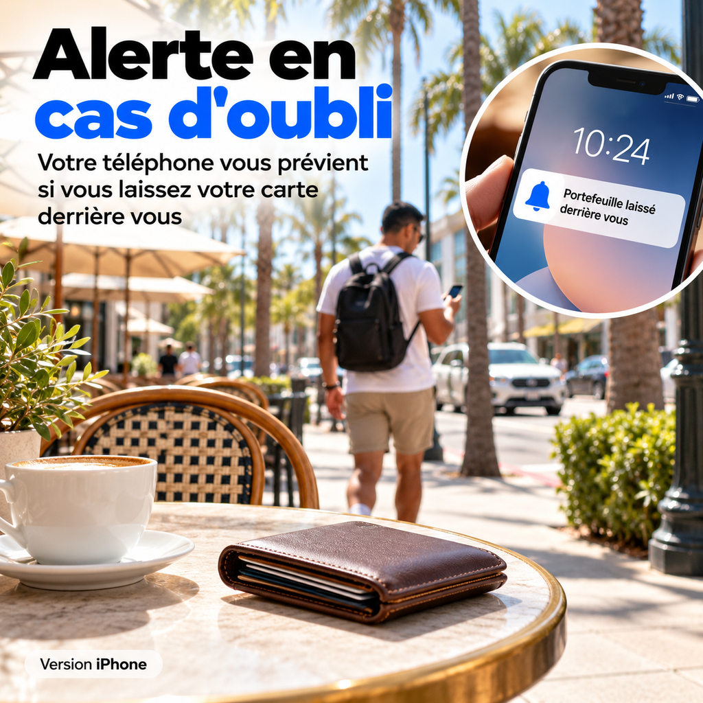 Alerte en cas d'oubli : le téléphone prévient quand le portefeuille est laissé sur une table de café (version iPhone)