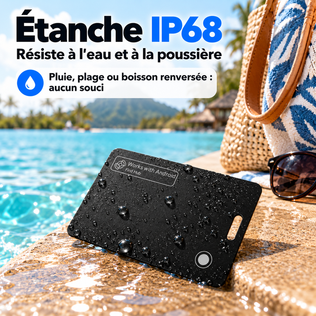 Carte Android étanche IP68 couverte de gouttes d'eau au bord d'une piscine, résiste à l'eau et à la poussière