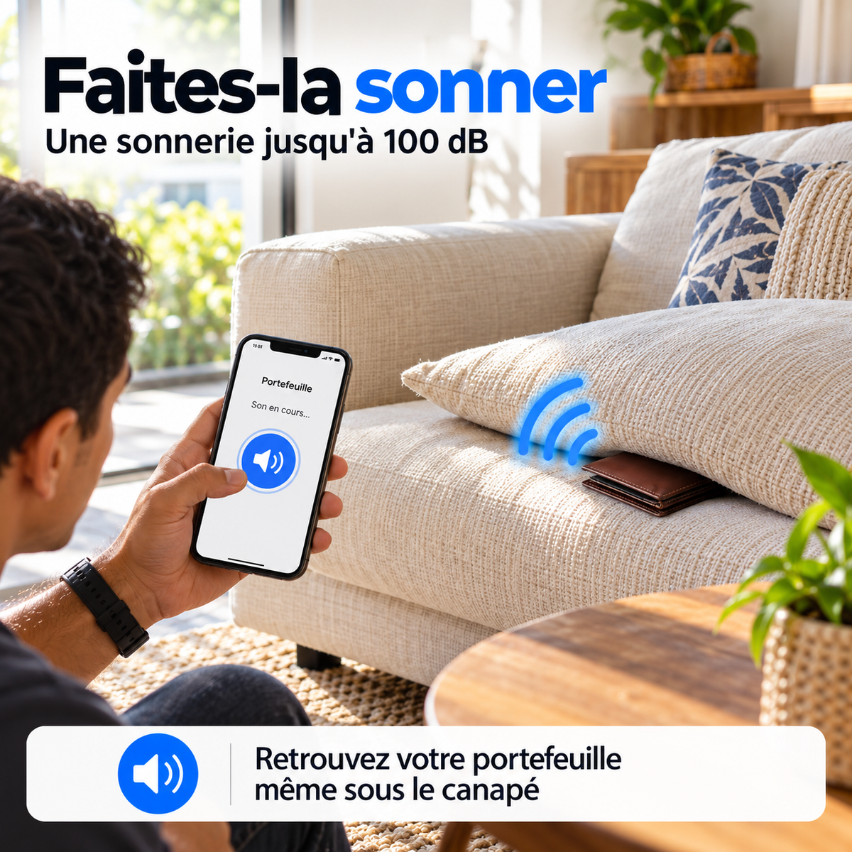 Faites sonner la carte depuis votre téléphone pour retrouver votre portefeuille sous le canapé, sonnerie jusqu'à 100 dB