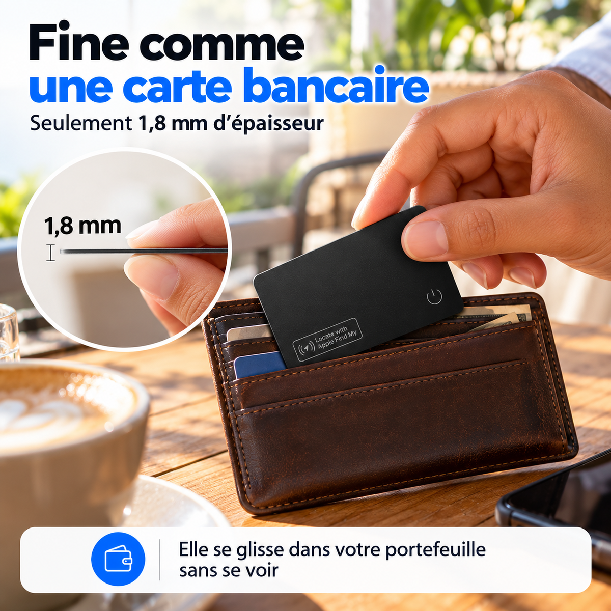 Carte de localisation de 1,8 mm, fine comme une carte bancaire, glissée dans un portefeuille