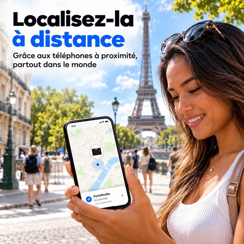 Voyageuse à Paris qui localise son portefeuille à distance sur son téléphone grâce aux téléphones à proximité