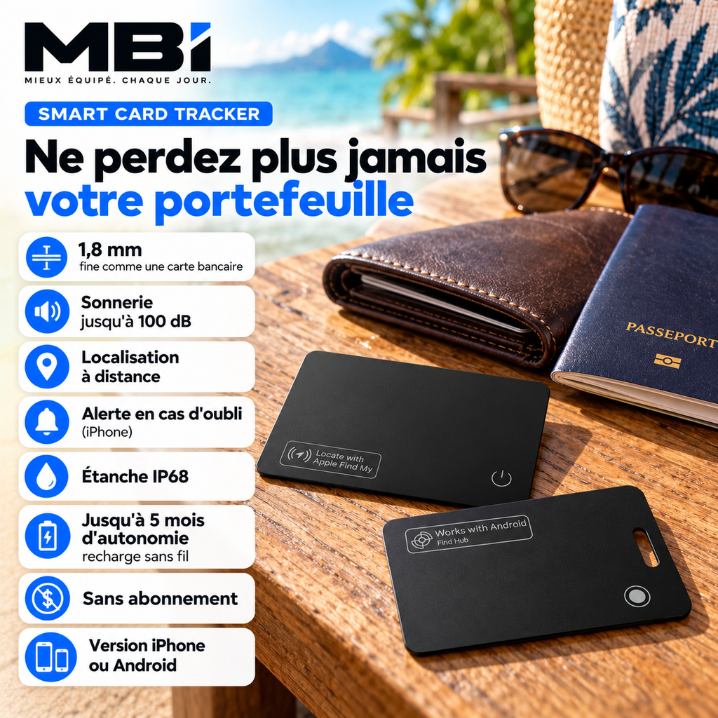 Récapitulatif MBI de la Smart Card Tracker : 1,8 mm, sonnerie 100 dB, localisation, alerte d'oubli, IP68, 5 mois d'autonomie, sans abonnement