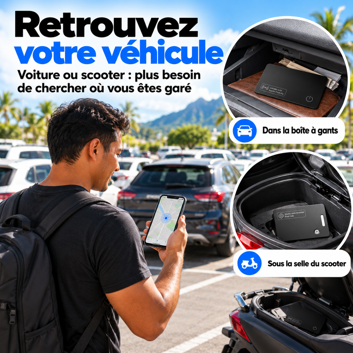 Retrouvez votre véhicule : la carte dans la boîte à gants de la voiture ou sous la selle du scooter pour savoir où vous êtes garé