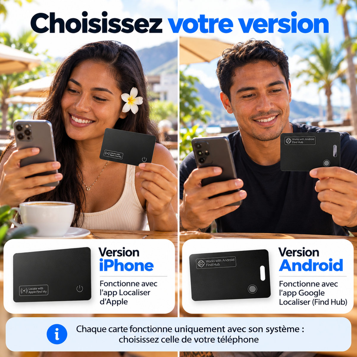 Choisissez votre version : carte iPhone compatible avec l'app Localiser d'Apple ou carte Android compatible avec Google Localiser (Find Hub)