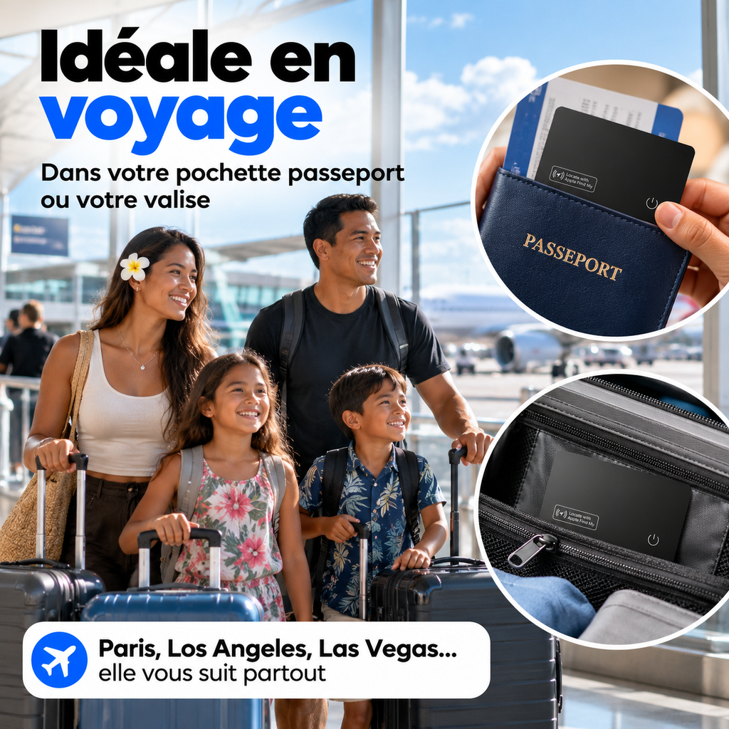 Famille à l'aéroport : la carte se glisse dans la pochette passeport ou dans la valise, idéale en voyage