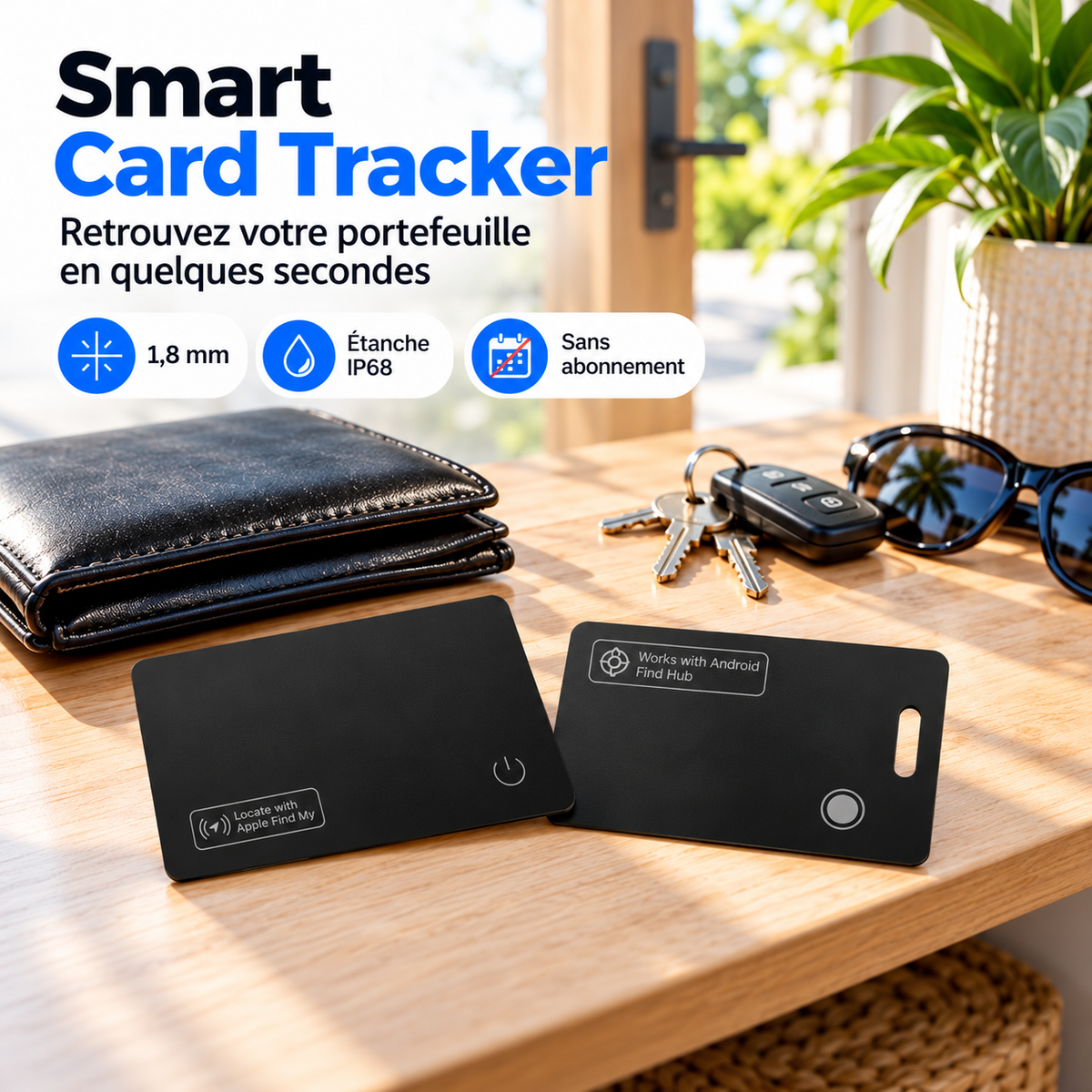 Smart Card Tracker version iPhone et version Android posées sur une console en bois avec un portefeuille, des clés et des lunettes de soleil