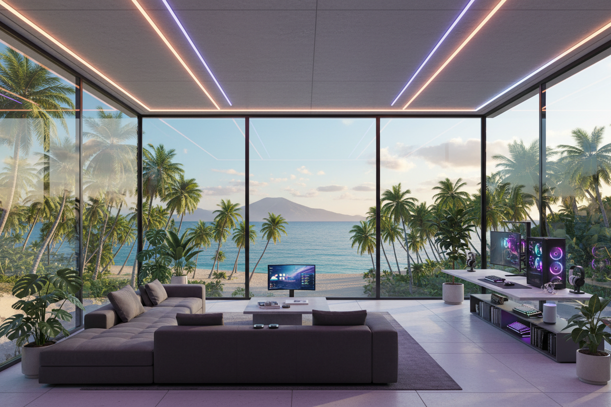 UNE PIECE COSY MODERNE HIGH TECH AVEC VUE SUR LES TROPIQUES ET DES OBJETS GEEK ET UTILES 